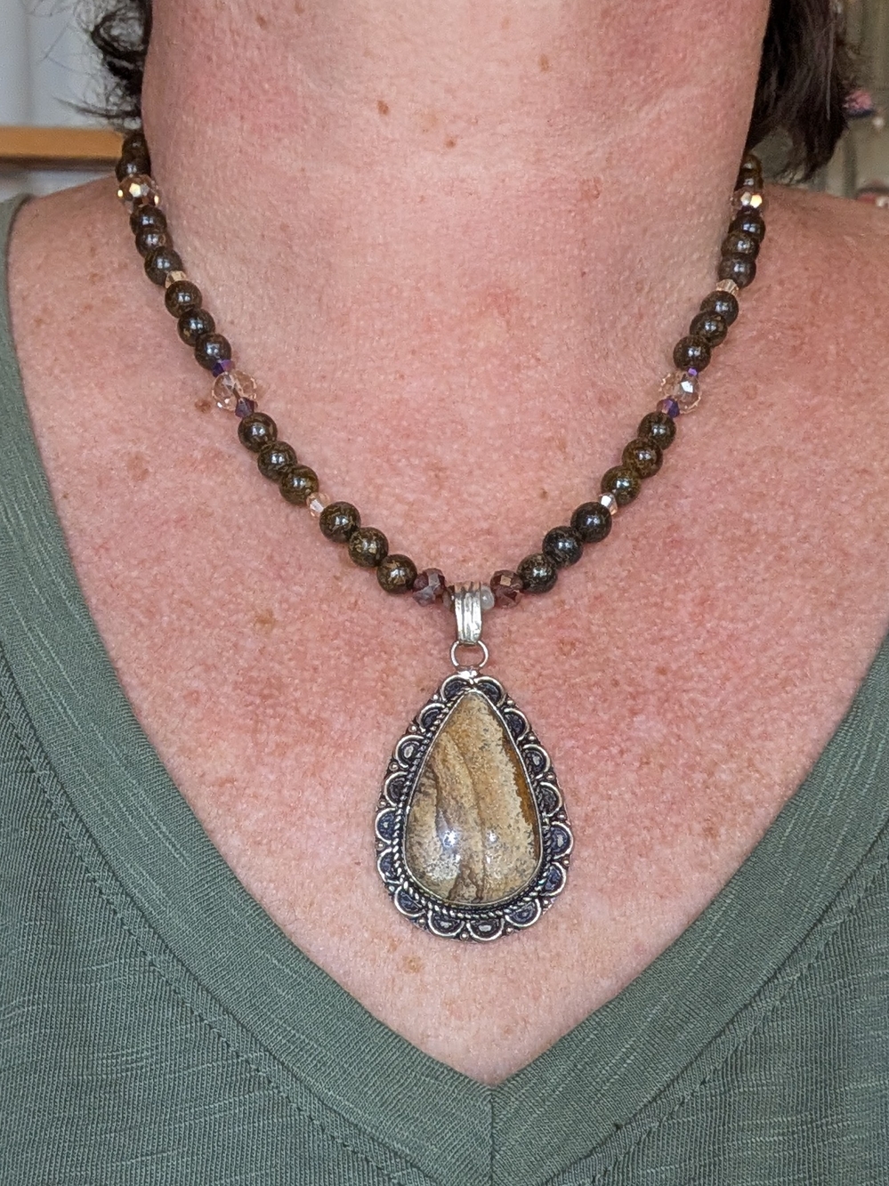 Beaded Pendant Necklace with Brown Stone Teardrop